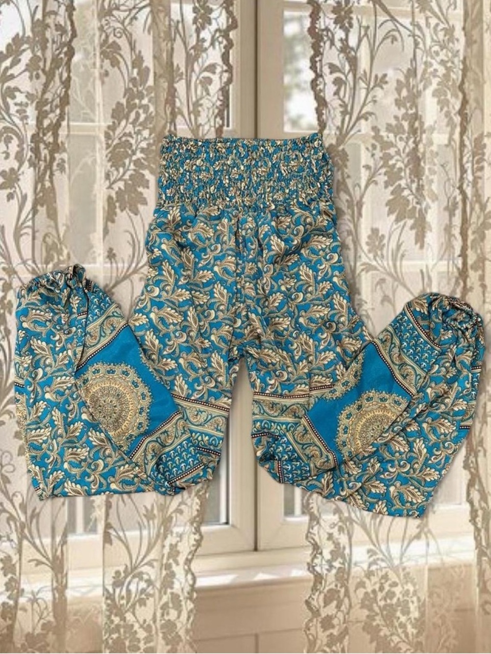 Vintage Insp Hippie Boho Flared Blue Paisley Pants